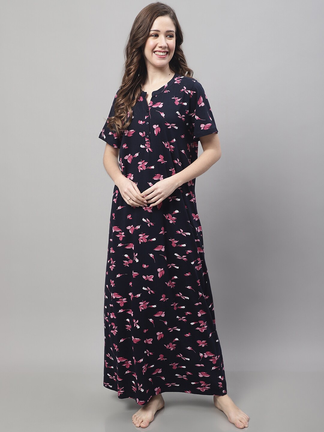 

Kanvin Navy Blue & Pink Floral Printed Pure Cotton Maxi Nightdress