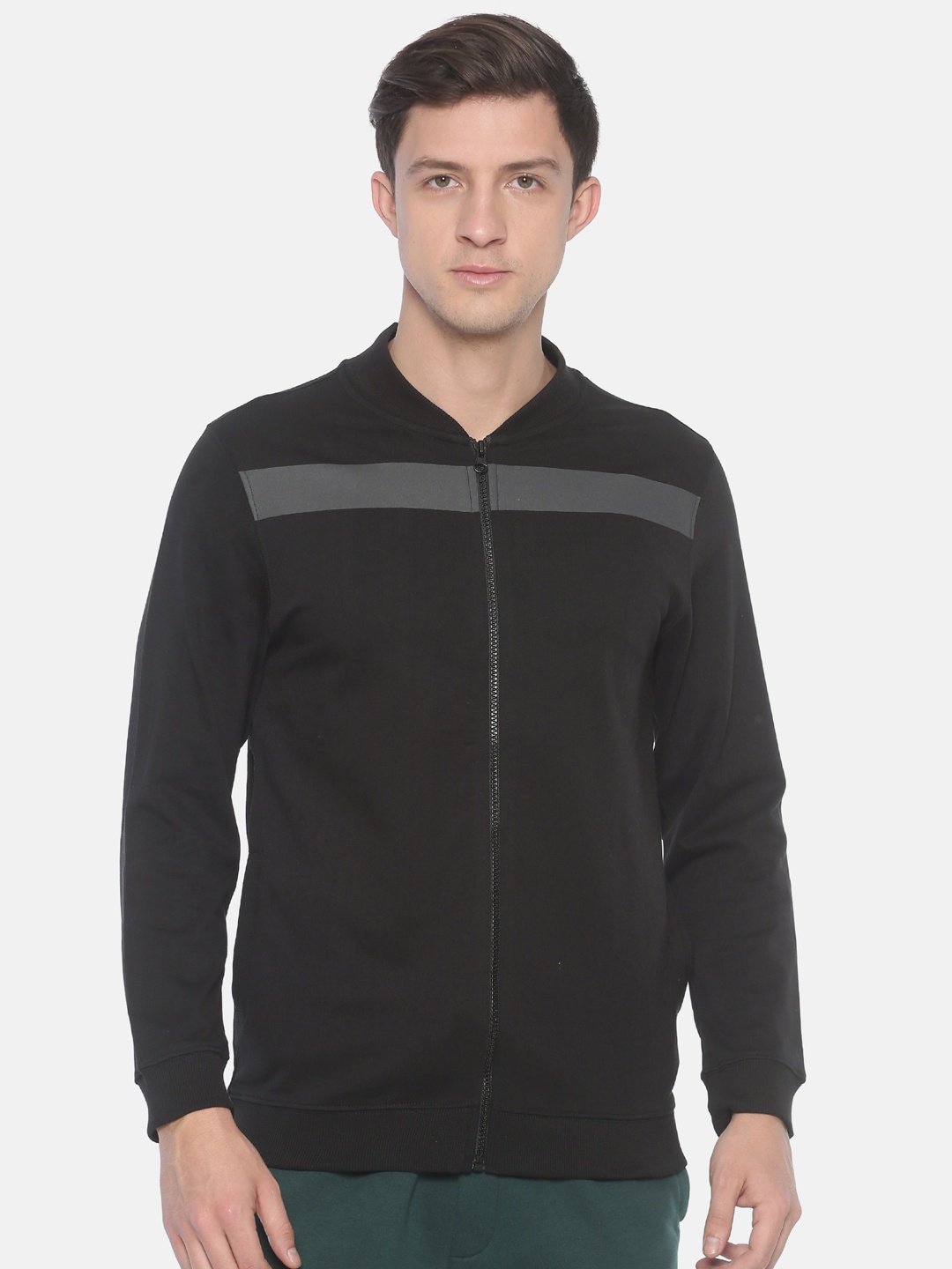 

Steenbok Stand Collar Cotton Front-Open Sweatshirt, Black