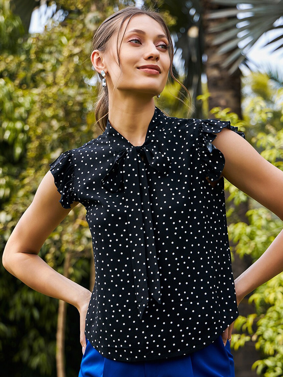 

KASSUALLY Polka Dot Printed Tie-Ups Neck Shirt Style Top, Black