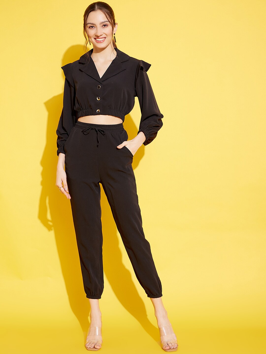 

KASSUALLY Black Shirt Collar Long Sleeves Crop Co-Ords