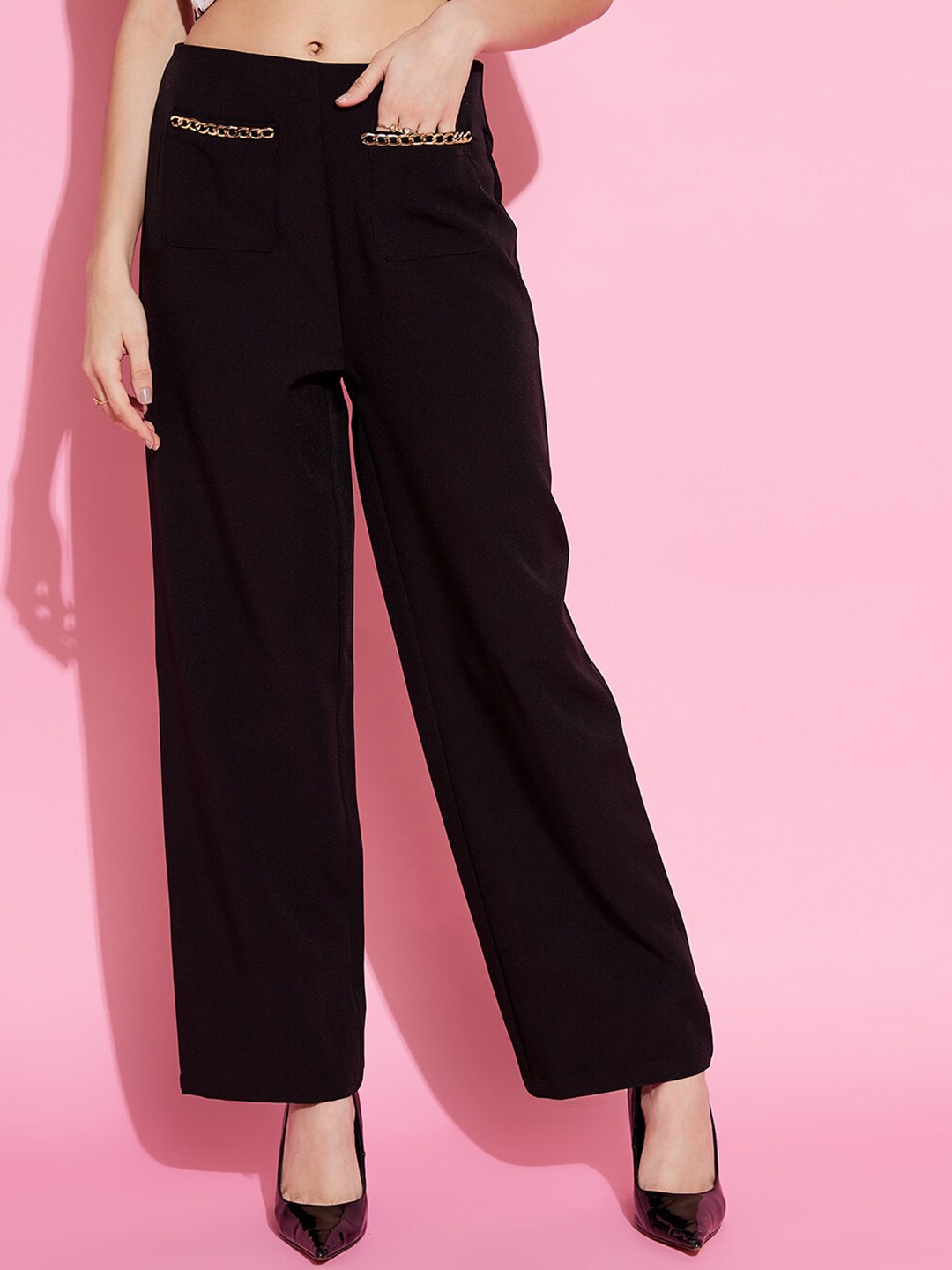 

KASSUALLY Women Black Mid-Rise Parallel Trousers