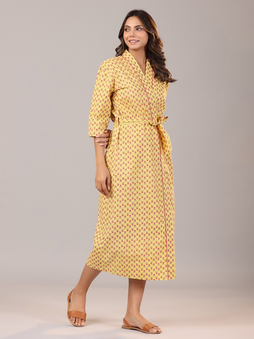 

JISORA Yellow & Pink Floral Printed Pure Cotton Wrap Nightdress