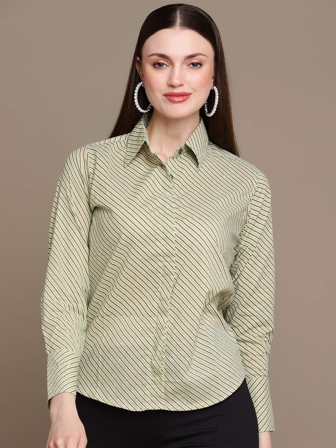 

MALHAAR Striped Long Sleeves Relaxed Fit Cotton Party Shirt, Green
