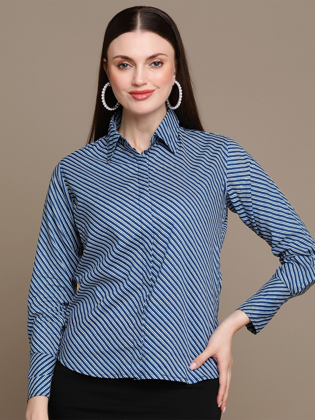 

MALHAAR Striped Slim Fit Cotton Casual Shirt, Navy blue