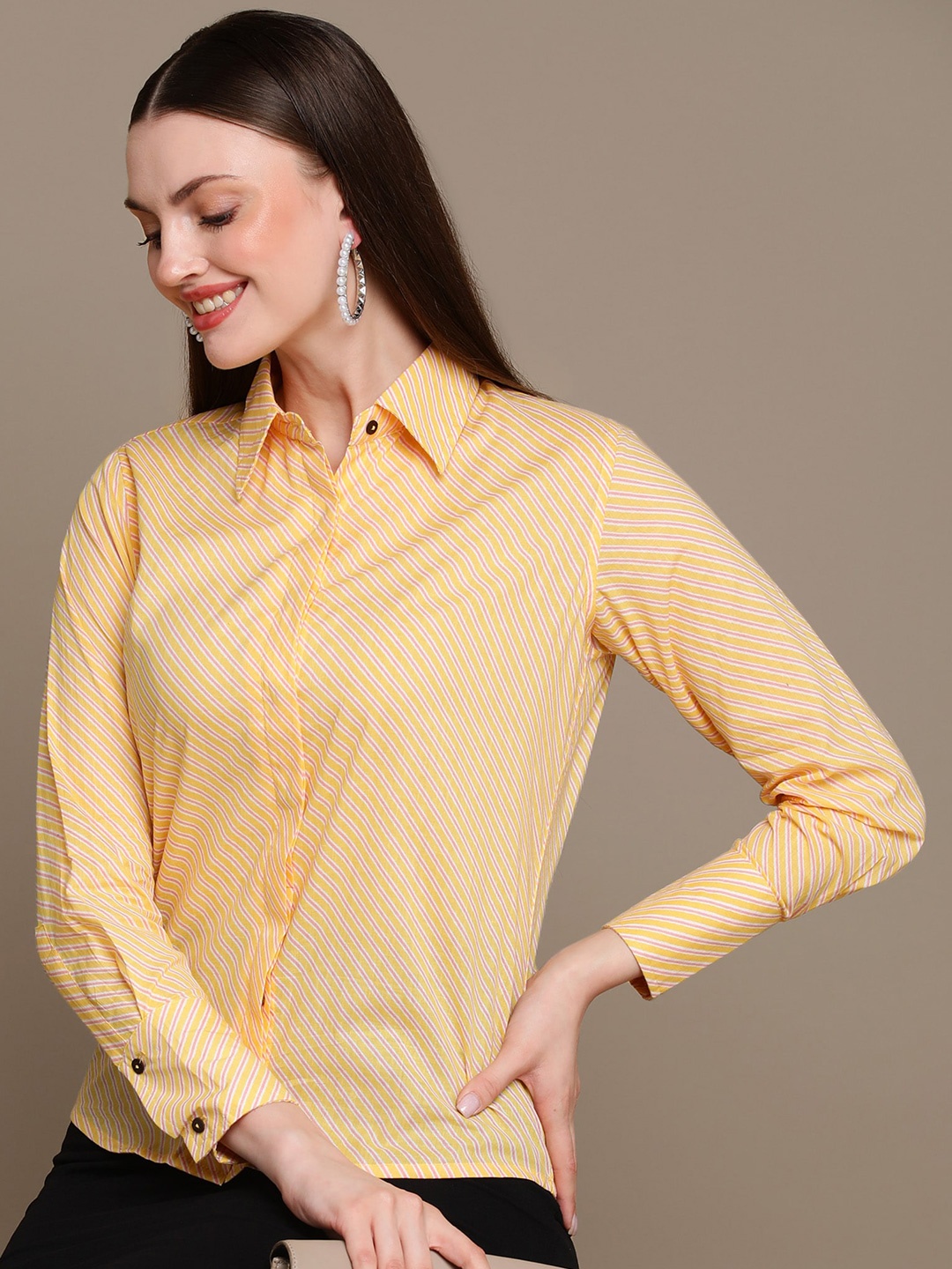 

MALHAAR Relaxed Fit Diagonal Striped Opaque Party Shirt, Yellow