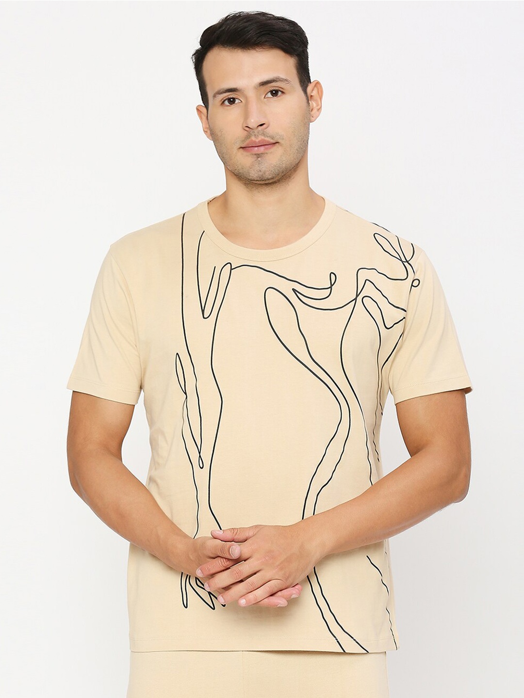 

effy Abstract Printed Round Neck Pure Cotton T-Shirt, Beige