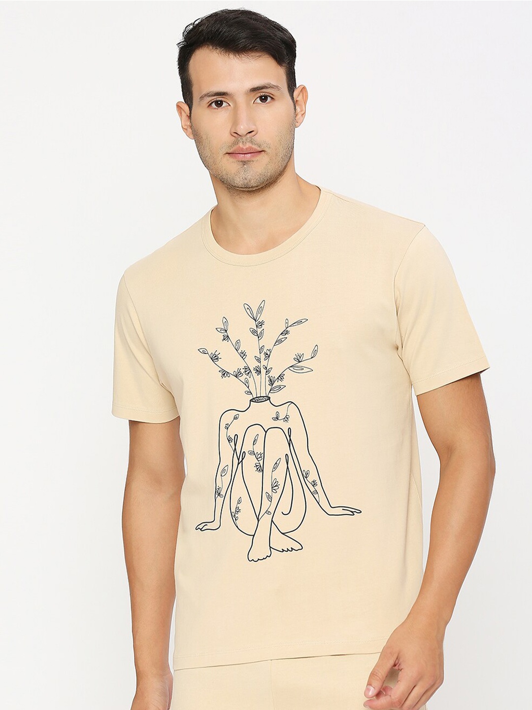 

effy Graphic Printed Pure Cotton T-shirt, Beige