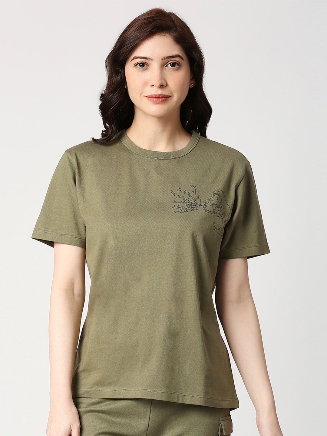 

effy Graphic Printed Round Neck Organic Cotton T-shirt, Olive