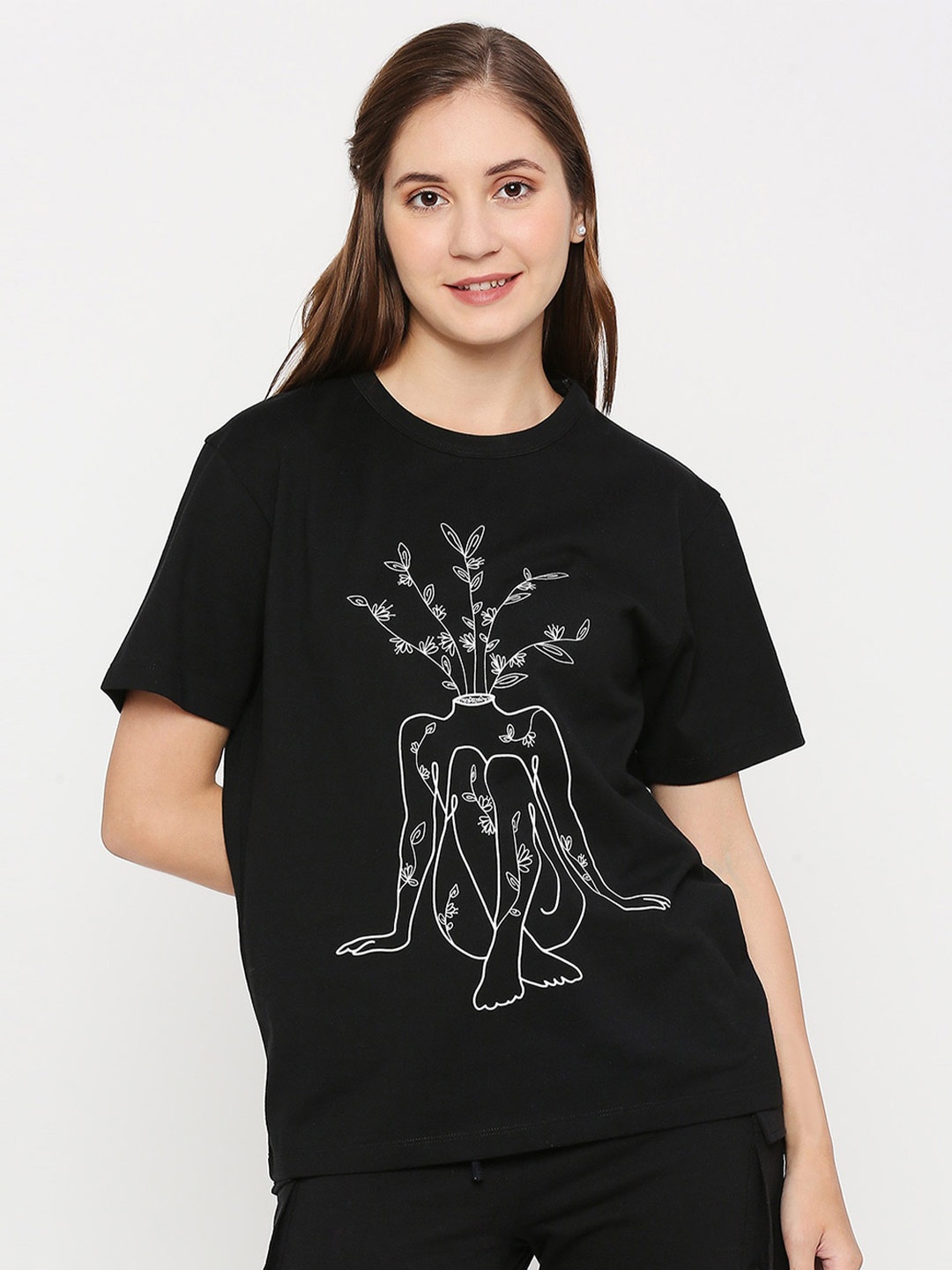 effy Graphic Printed Round Neck Organic Cotton T-shirt, Black
