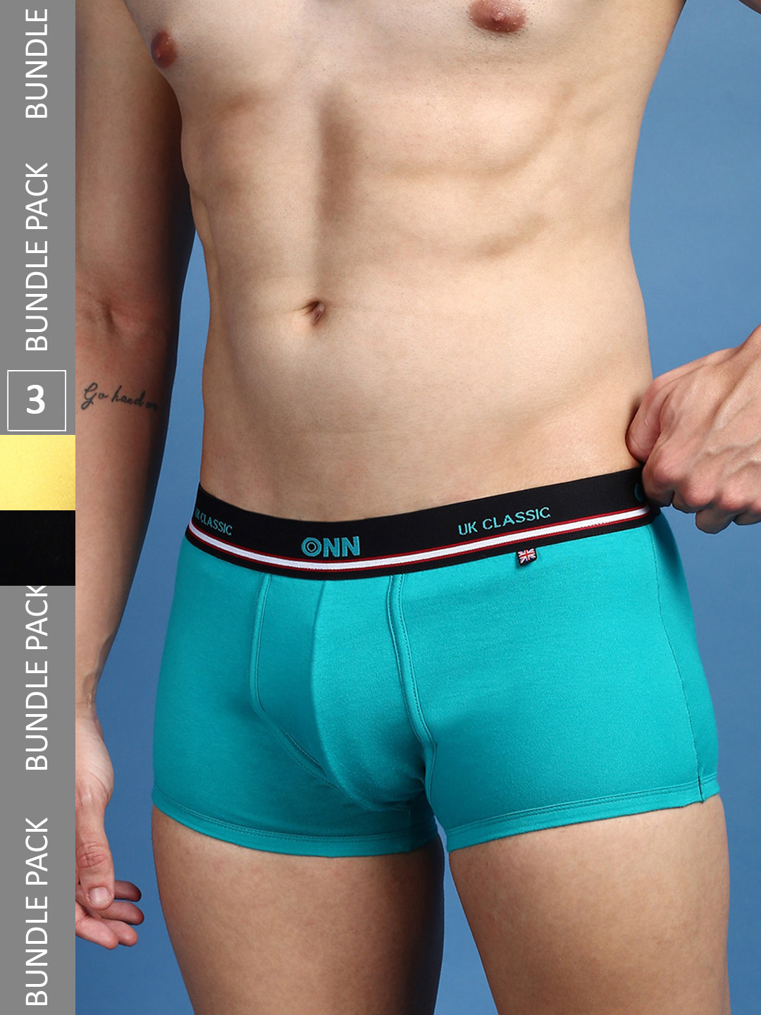 

ONN Men Pack Of 3 Cotton Trunks ONN_UK_43_TQBU_BLK_YLW_3PC, Turquoise blue