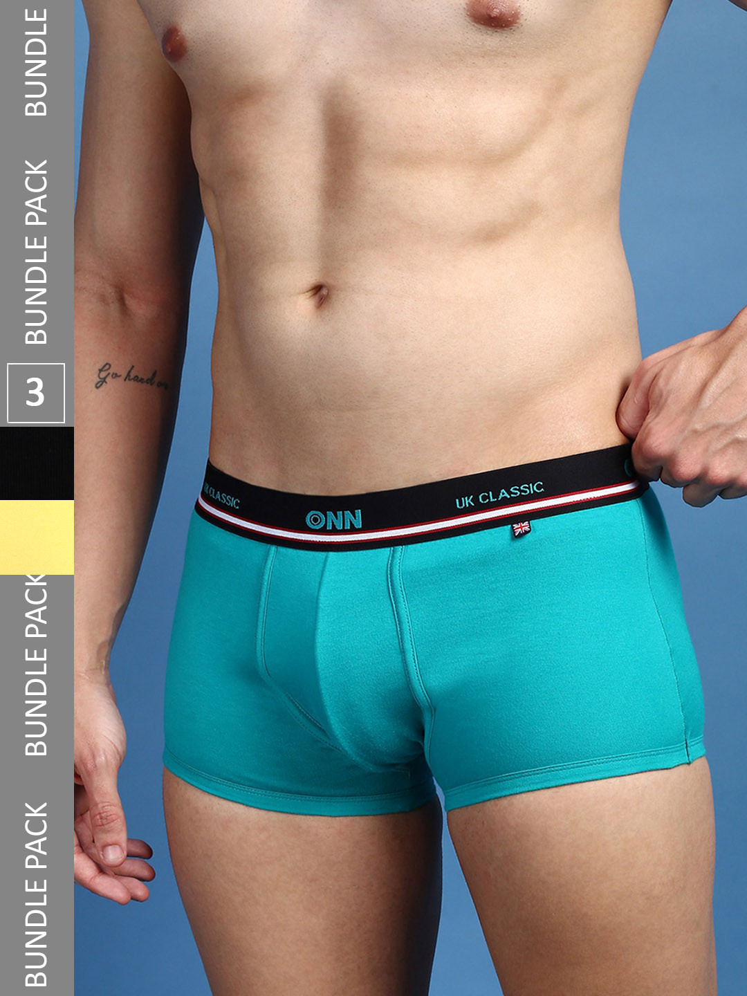

ONN Men Pack Of 3 Pure Cotton Anti Odour Outer Elastic Trunks- ONN_UK_43_TQBU_BLK_YLW_3PC, Turquoise blue