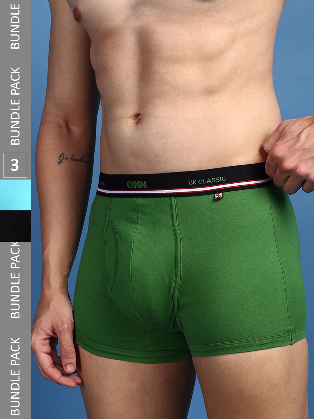 

ONN Men Pack Of 3 Pure Cotton Anti Odour Outer Elastic Trunks- ONN_UK_44_NB_RCGN_RYAQ_3PC, Green