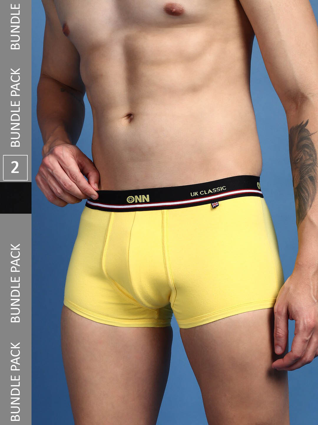 

ONN Men Pack Of 2 Pure Cotton Anti Odour Outer Elastic Trunks- ONN_UK_43_YLW_BLK_2PC, Yellow