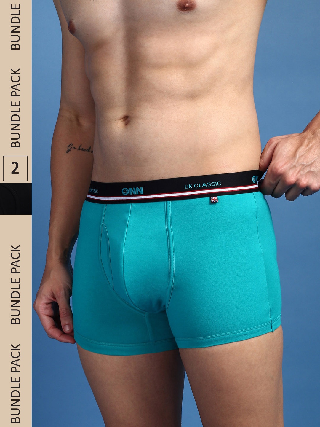

ONN Men Pack Of 2 Pure Cotton Anti Odour Outer Elastic Trunks- ONN_UK_44_BLK_TQBU_2PC, Turquoise blue