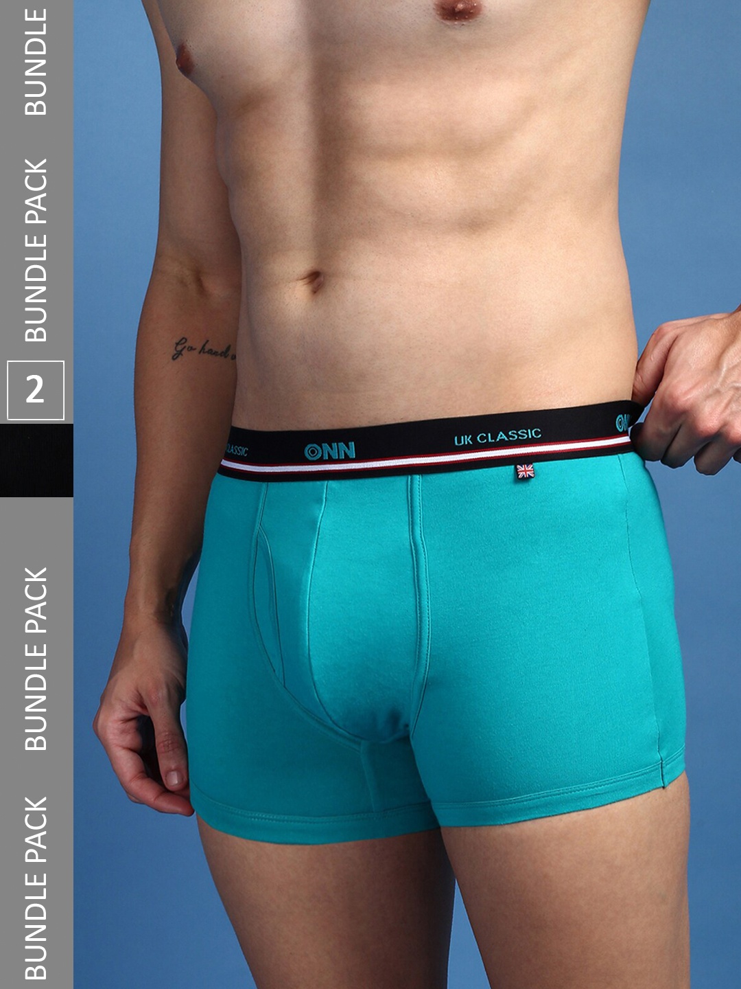 

ONN Men Pack Of 2 Pure Cotton Anti Odour Outer Elastic Trunks- ONN_UK_44_BLK_TQBU_2PC, Turquoise blue