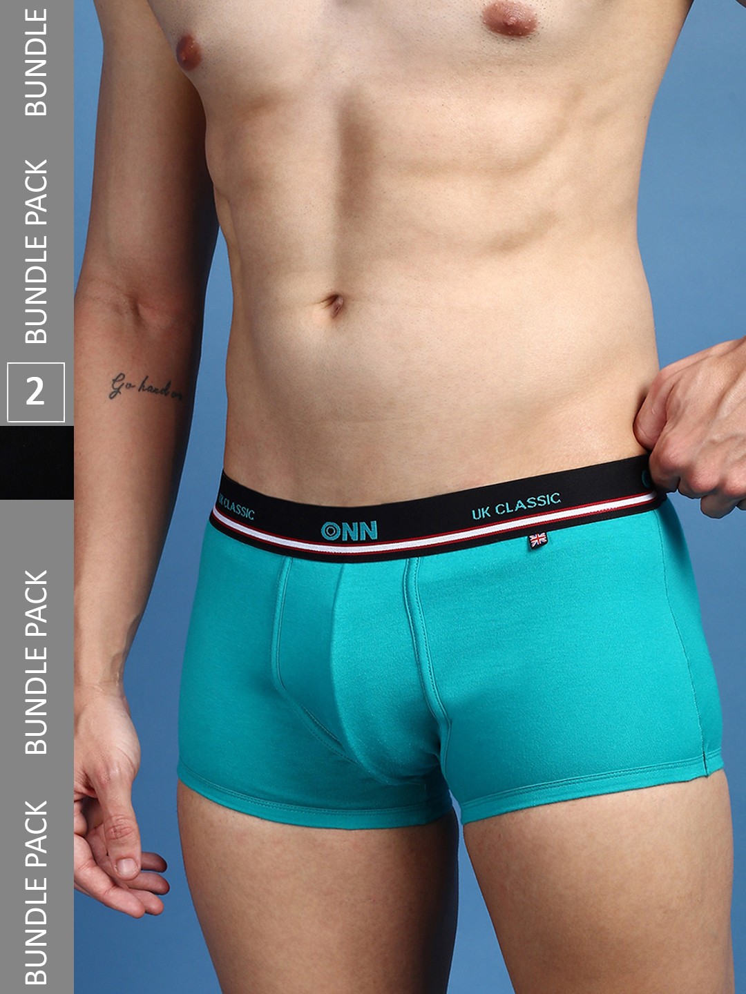 

ONN Men Pack Of 2 Pure Cotton Anti Odour Outer Elastic Trunks- ONN_UK_43_BLK_TQBU_2PC, Turquoise blue