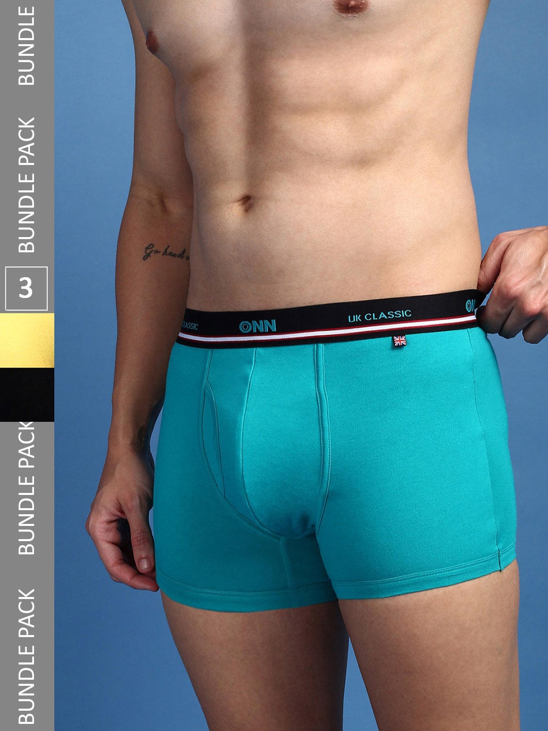 

ONN Men Pack Of 3 Pure Cotton Anti Odour Outer Elastic Trunks- ONN_UK_44_TQBU_BLK_YLW_3PC, Turquoise blue