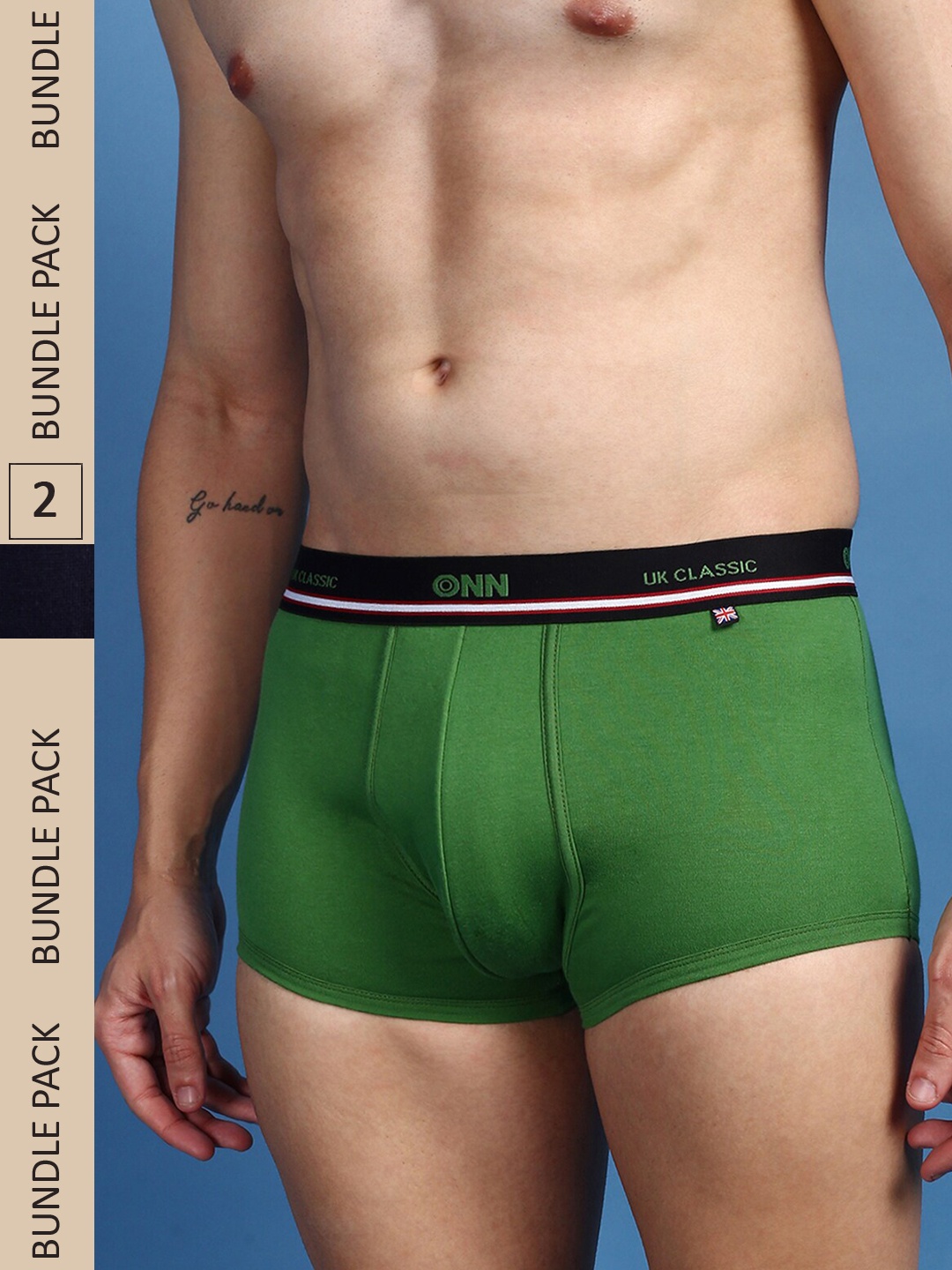 

ONN Men Pack Of 2 Pure Cotton Anti Odour Outer Elastic Trunks- ONN_UK_43_NB_RCGN_2PC, Green