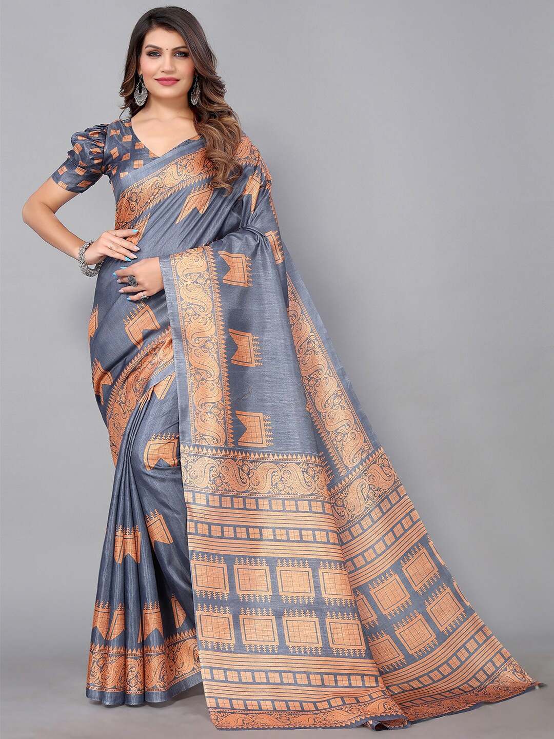 

GORGONE Ethnic Motif Silk Blend Saree With Blouse Piece, Grey