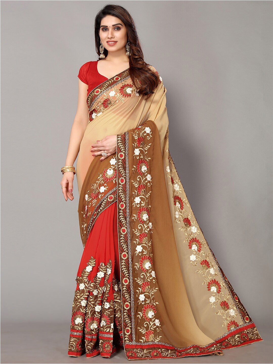

GORGONE Brown & Red Ethnic Motifs Embroidered Pure Georgette Heavy Work Saree