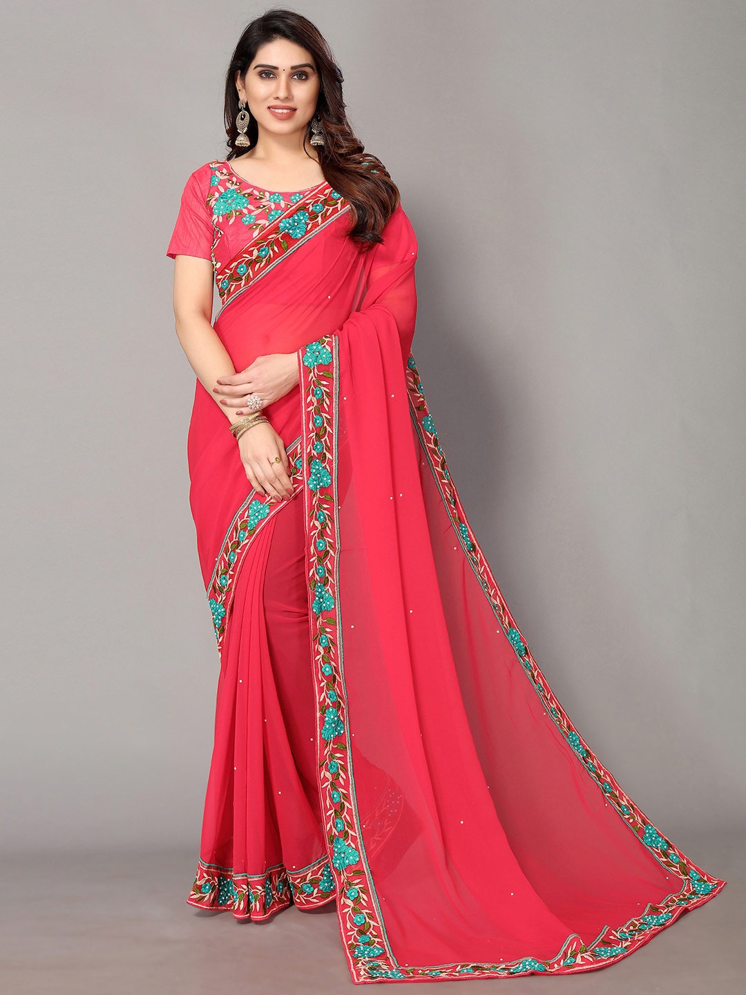 

GORGONE Embellished Embroidered Pure Georgette Saree, Pink
