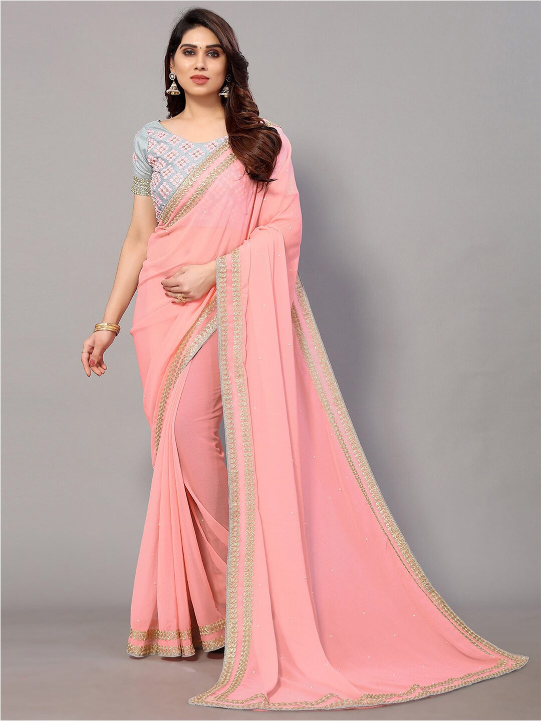

GORGONE Embellished Embroidered Pure Georgette Saree, Pink