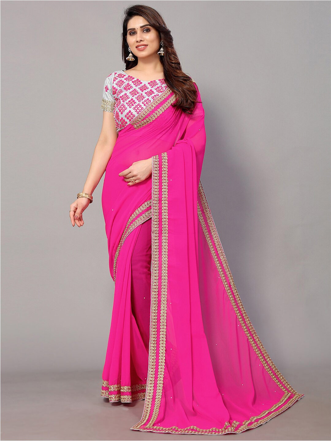 

GORGONE Embroidered Stone Work Pure Georgette Saree, Pink