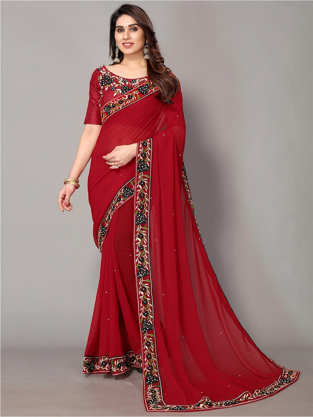 

GORGONE Floral Embroidered Stone Work Pure Georgette Saree, Red