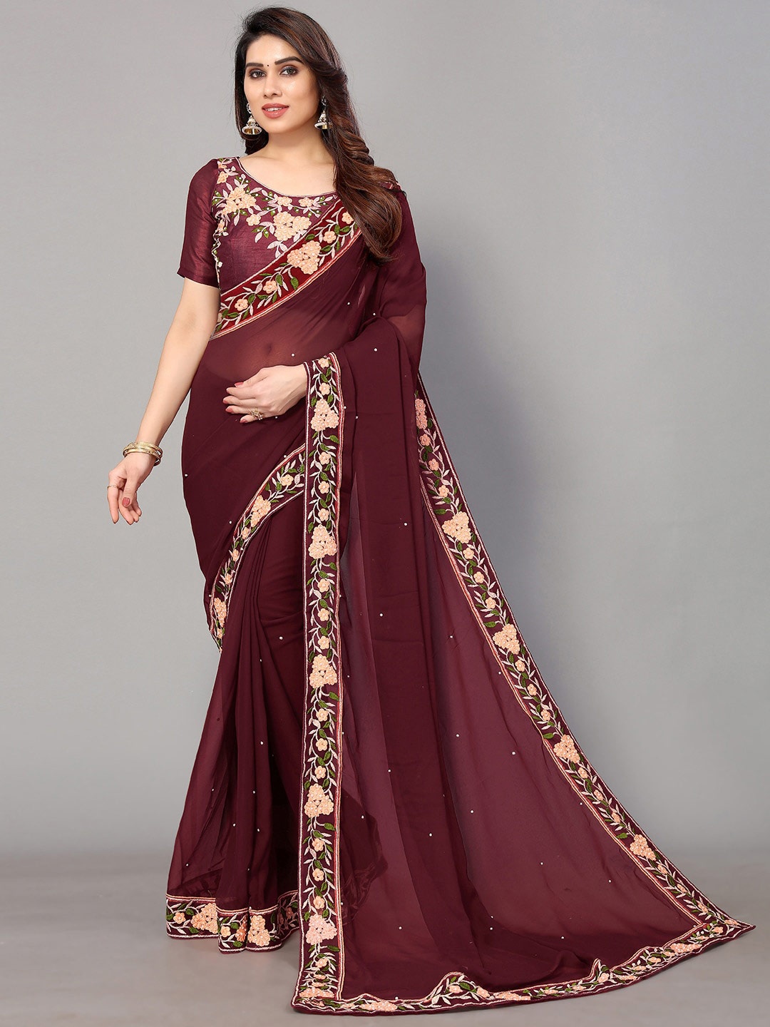

GORGONE Embroidered Pure Georgette Saree, Brown