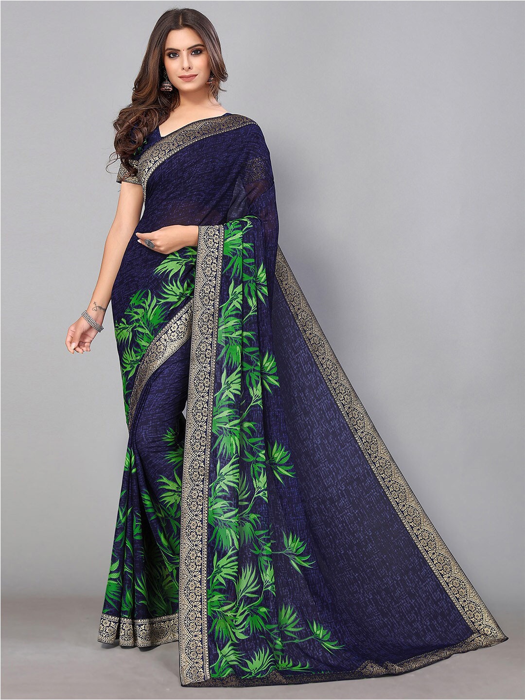

GORGONE Navy Blue & Green Floral Zari Pure Georgette Saree
