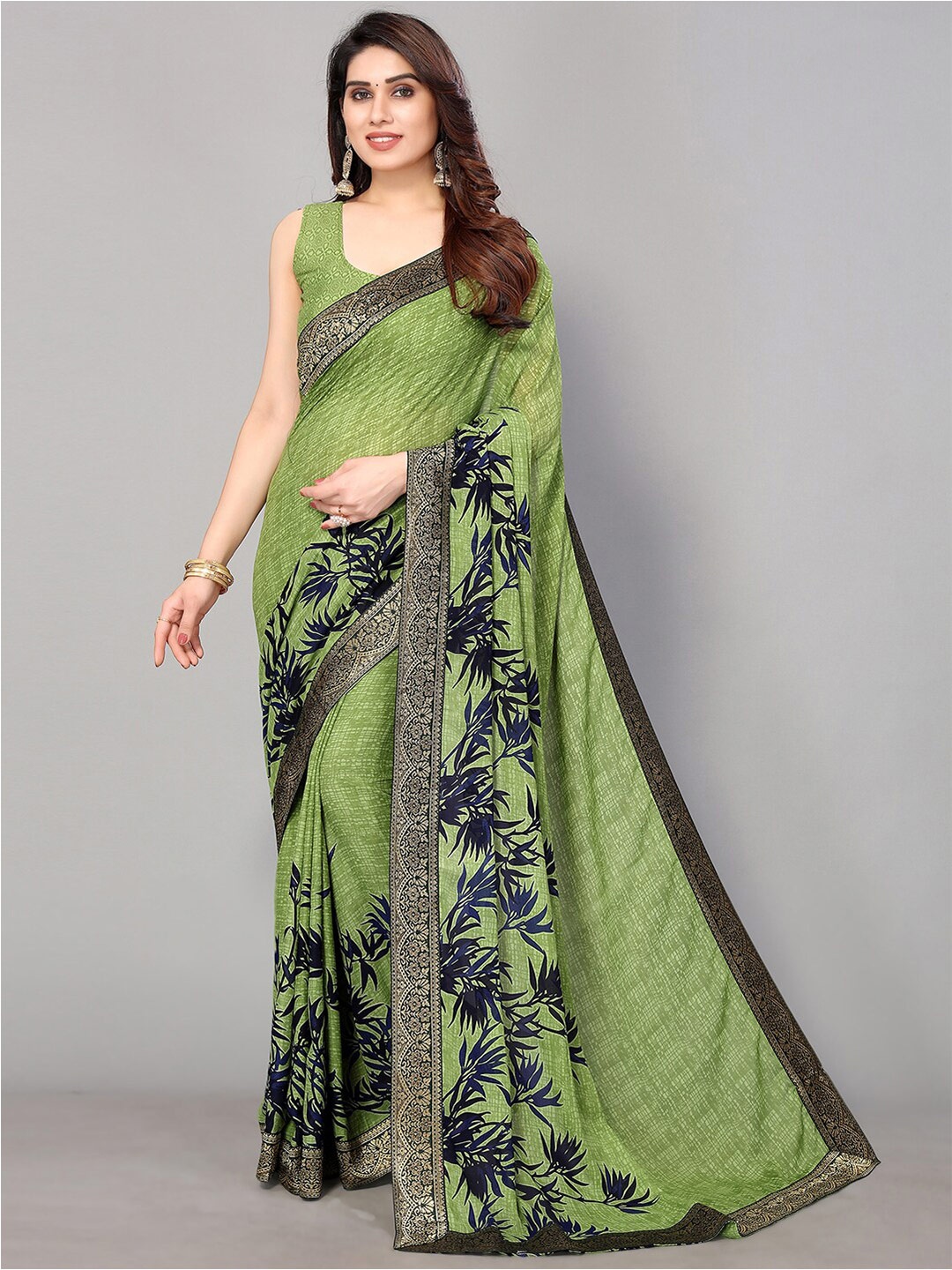 

GORGONE Green & Blue Ethnic Motifs Zari Pure Georgette Saree