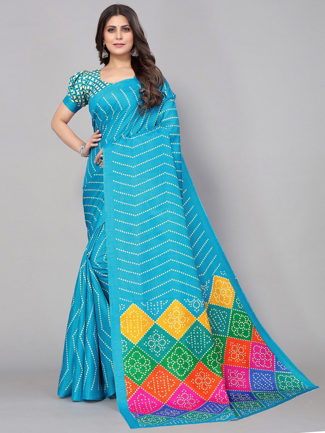 

GORGONE Bandhani Silk Blend Bandhani Saree, Blue