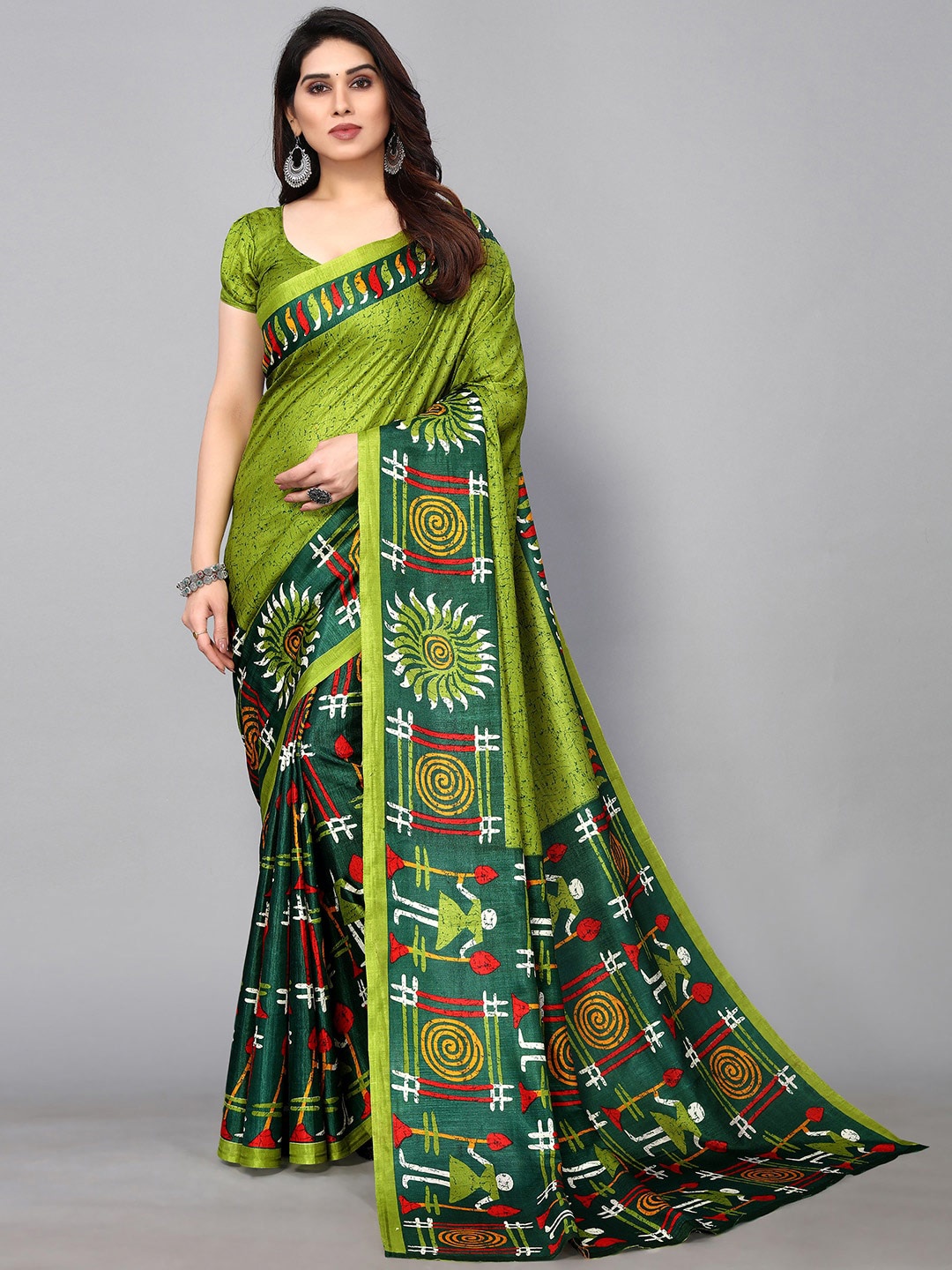 

GORGONE Ethnic Motifs Printed Saree, Green