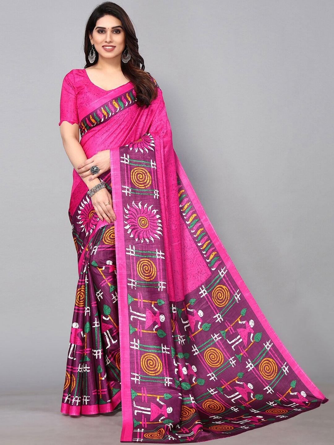 

GORGONE Ethnic Motif Printed Saree With Blouse Piece, Pink