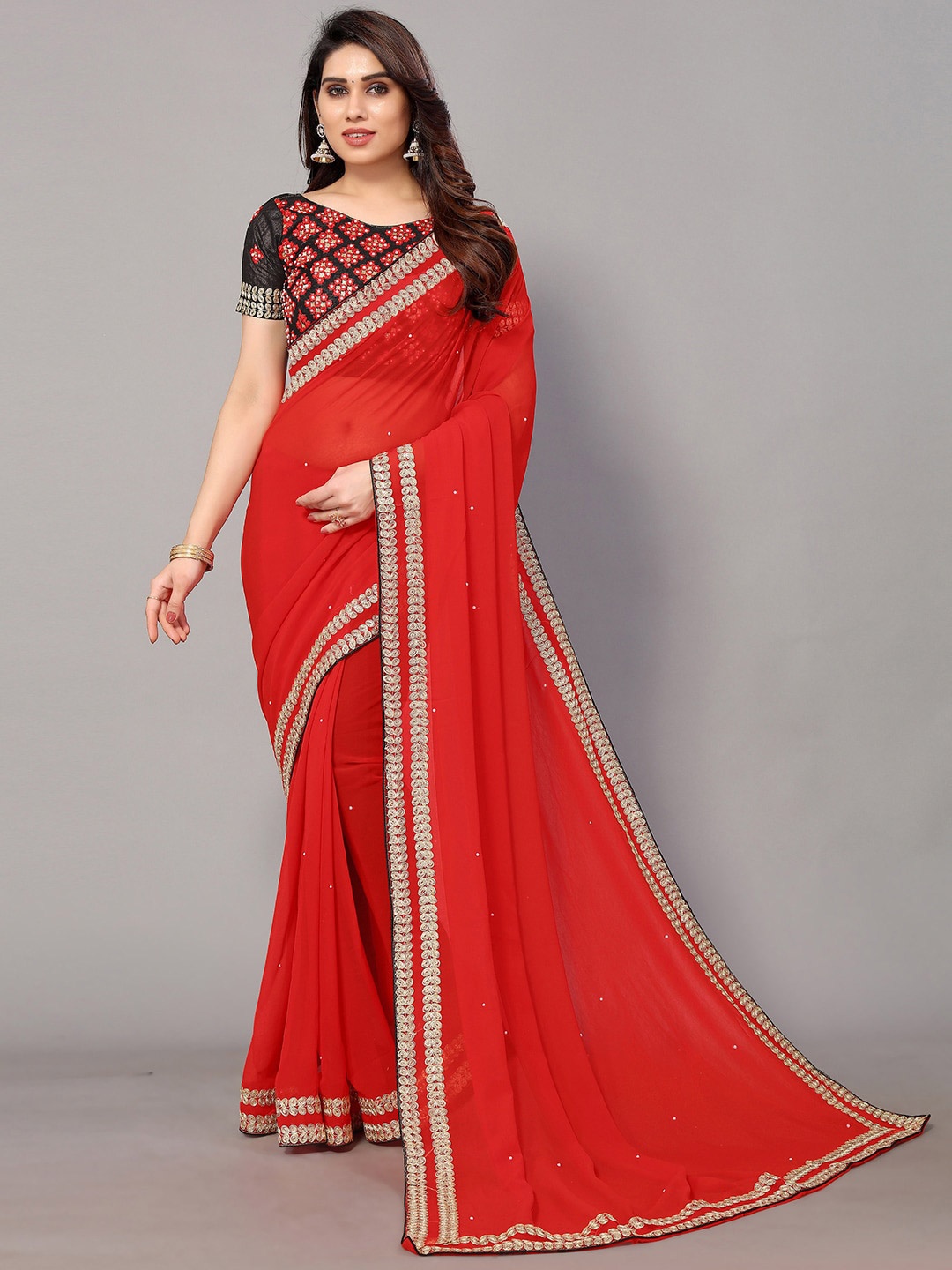 

GORGONE Embroidered Pure Georgette Saree, Red