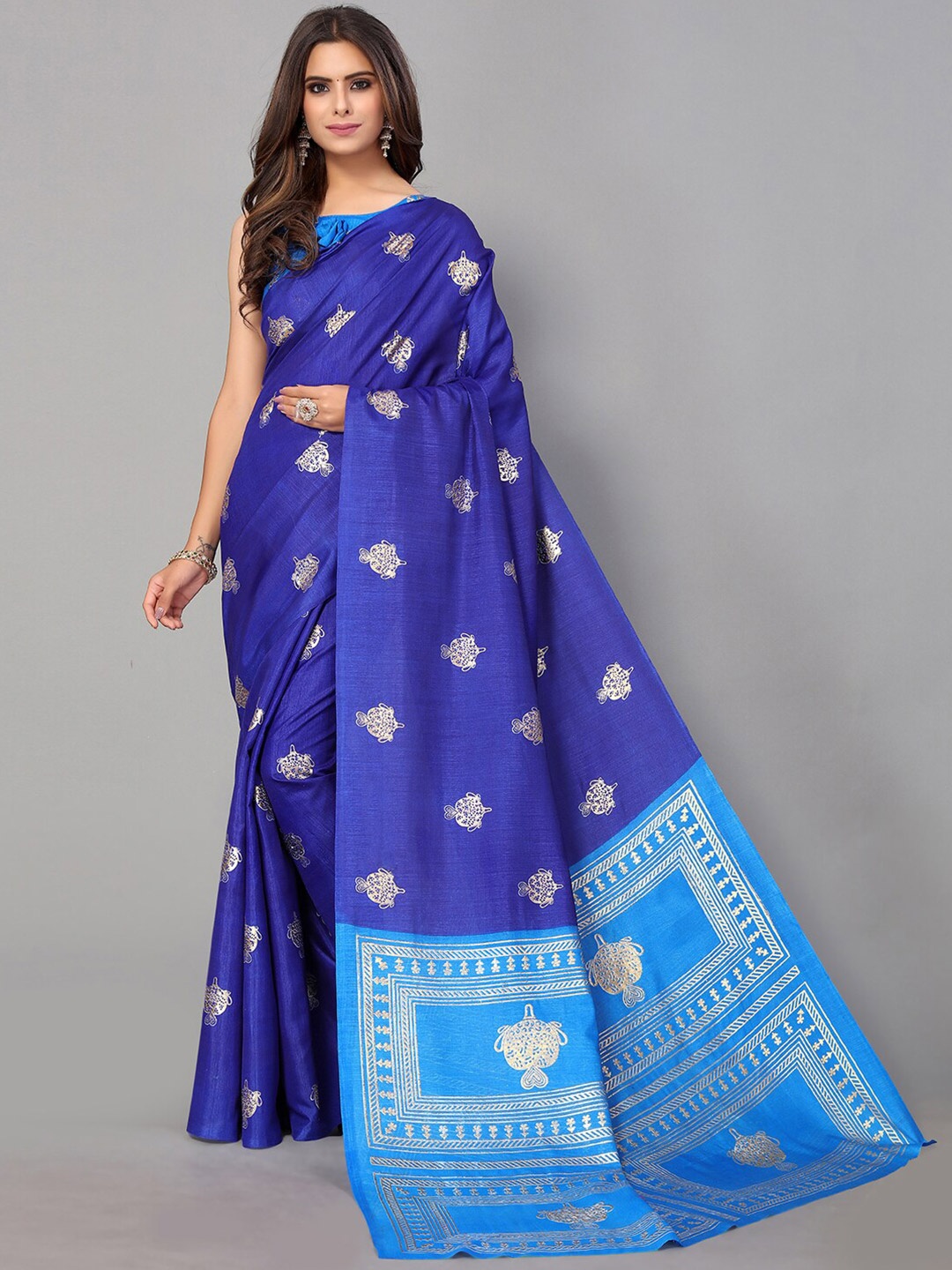 

GORGONE Ethnic Motif Silk Blend Saree With Blouse Piece, Blue