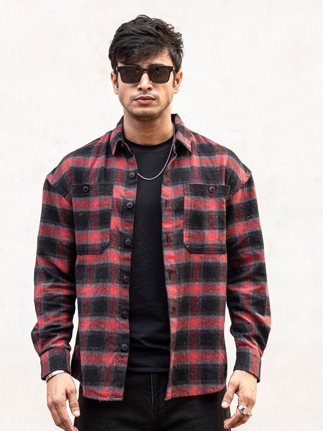 

Powerlook Red & black India Slim Boxy Checked Drop Shoulder Sleeves Casual Shirt