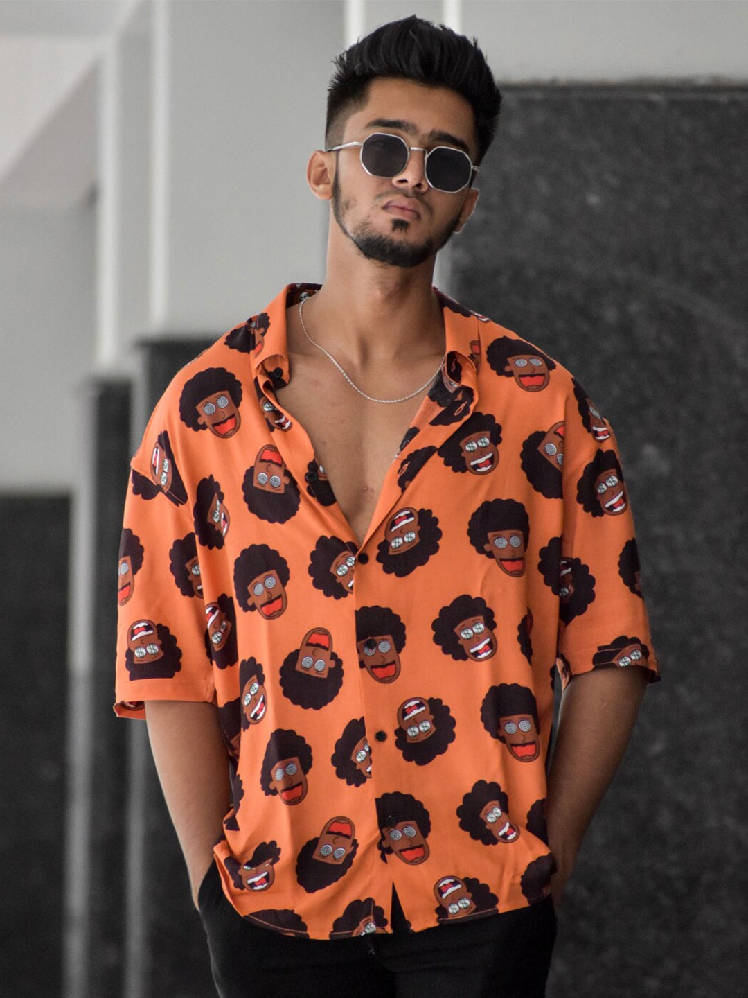 

Powerlook Orange & Black Conversational Printed Boxy Casual Shirt