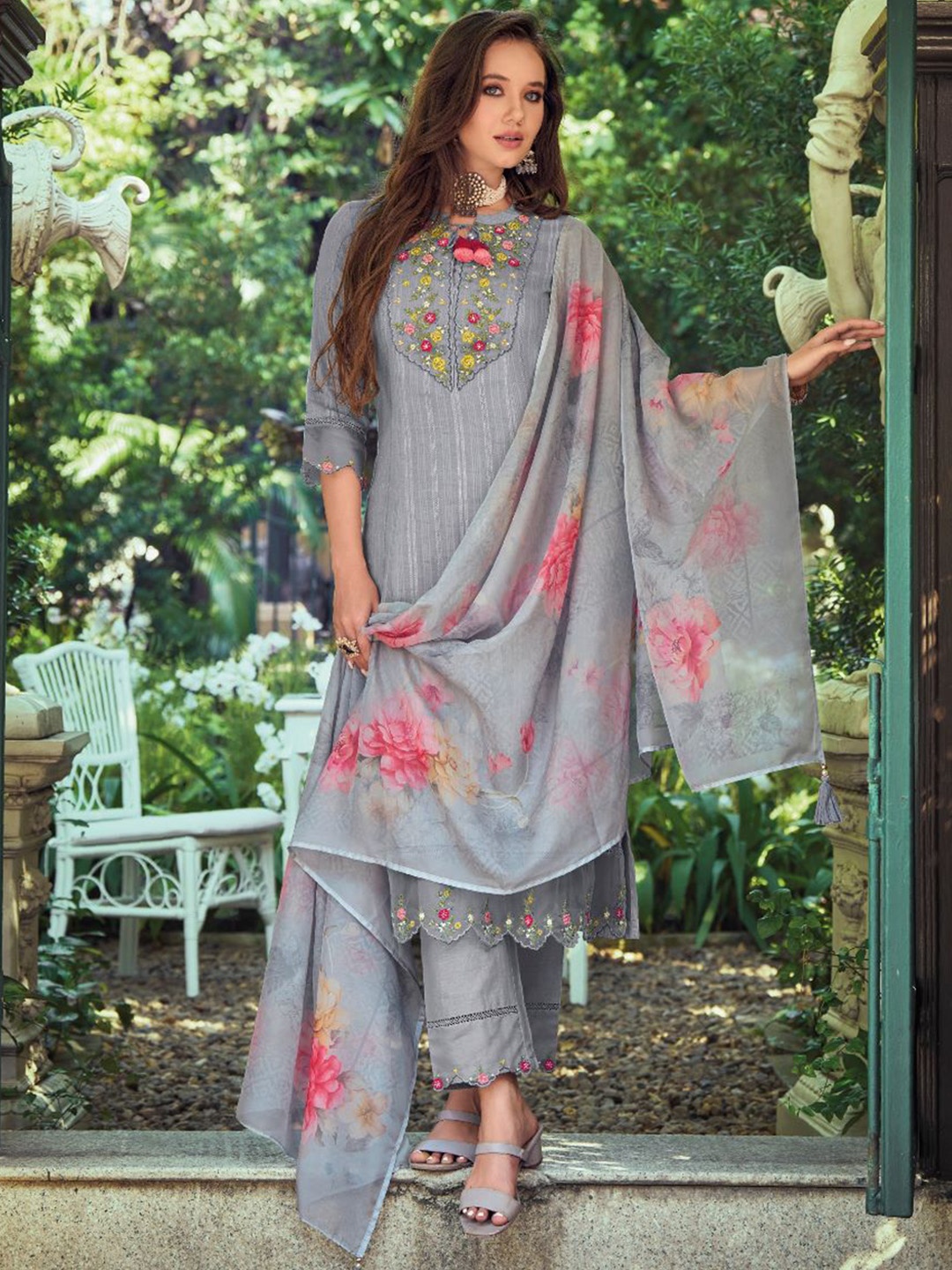 

AUTUMN LANE Floral Embroidered Tie Up Neck Pure Cotton Kurta With Trousers & Dupatta, Grey