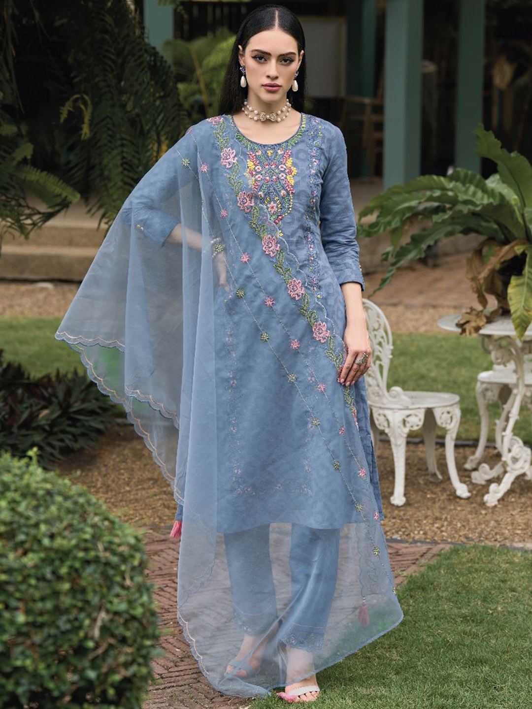 

AUTUMN LANE Floral Embroidered Straight Kurta with Trousers & Dupatta, Blue