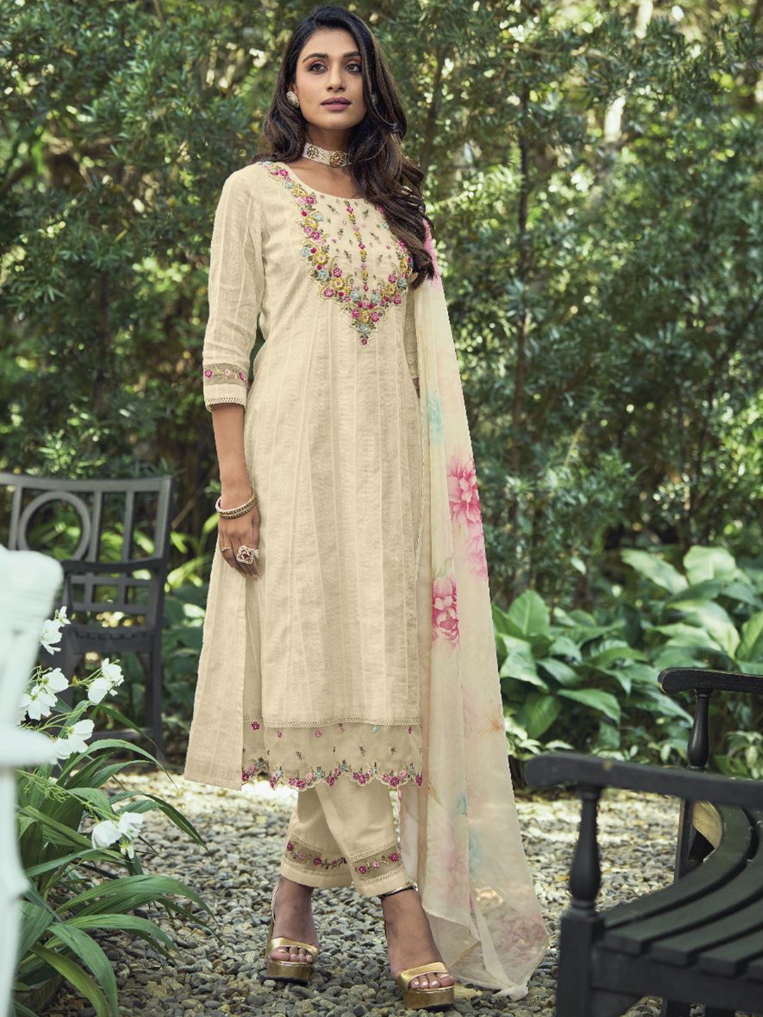 

AUTUMN LANE Floral Embroidered Bead Work A-Line Pure Cotton Kurta with Trousers & Dupatta, Cream