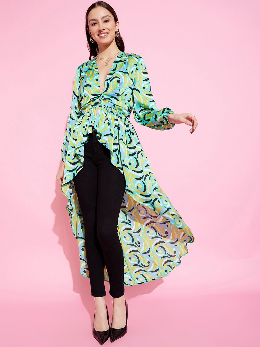 

KASSUALLY Women Printed Button Flared Shrug, Green