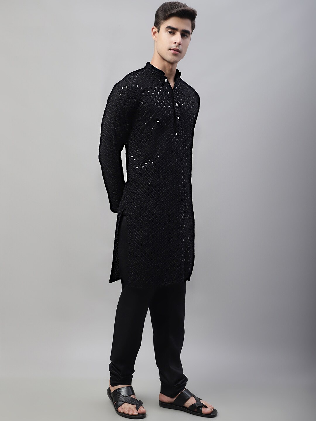 

Jompers Ethnic Motif Embroidered Sequined Regular Silk Cotton Kurta With Churidar, Black