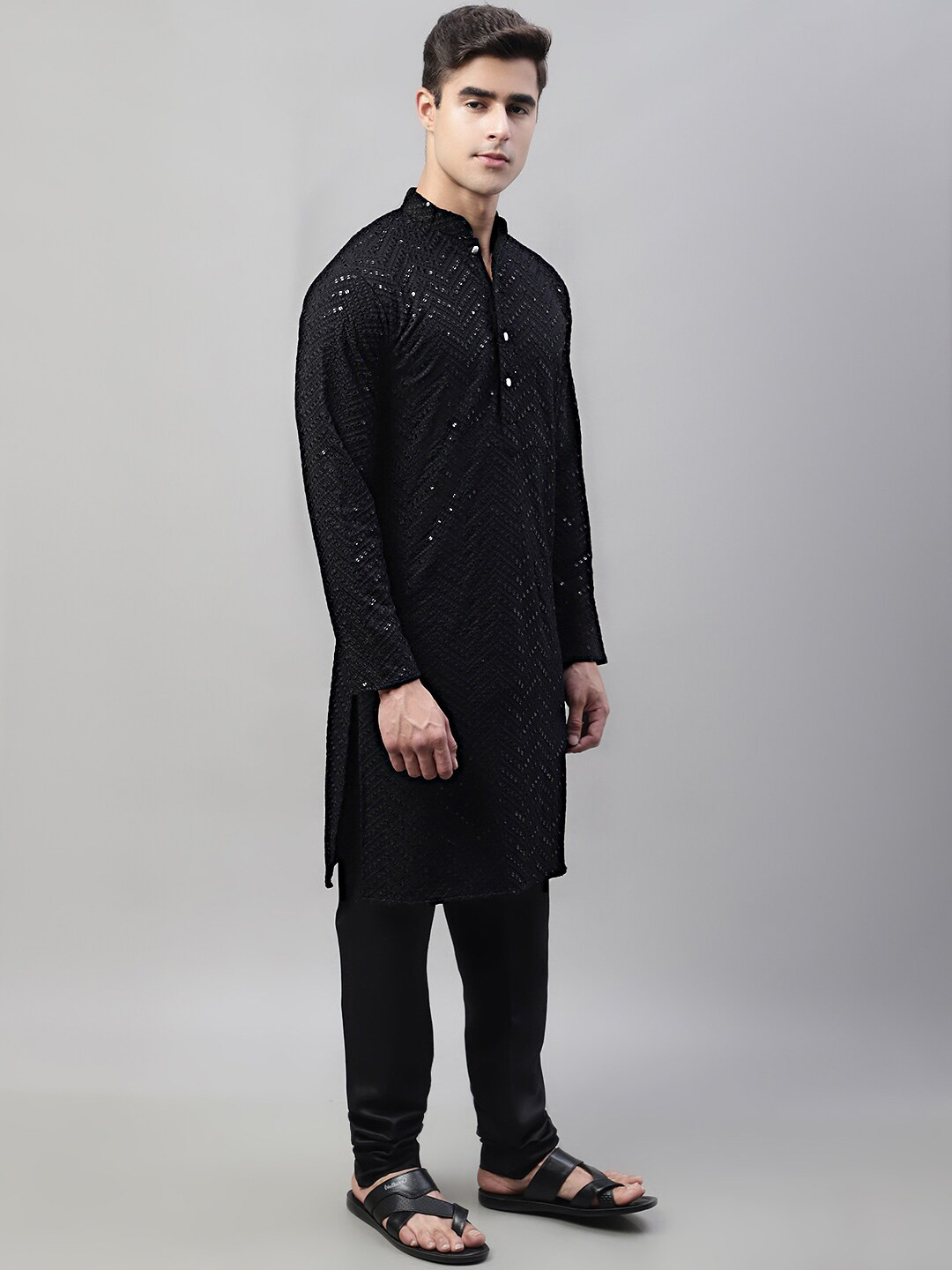 

Jompers Chevron Embroidered Sequinned Pure Cotton Kurta with Churidar, Black