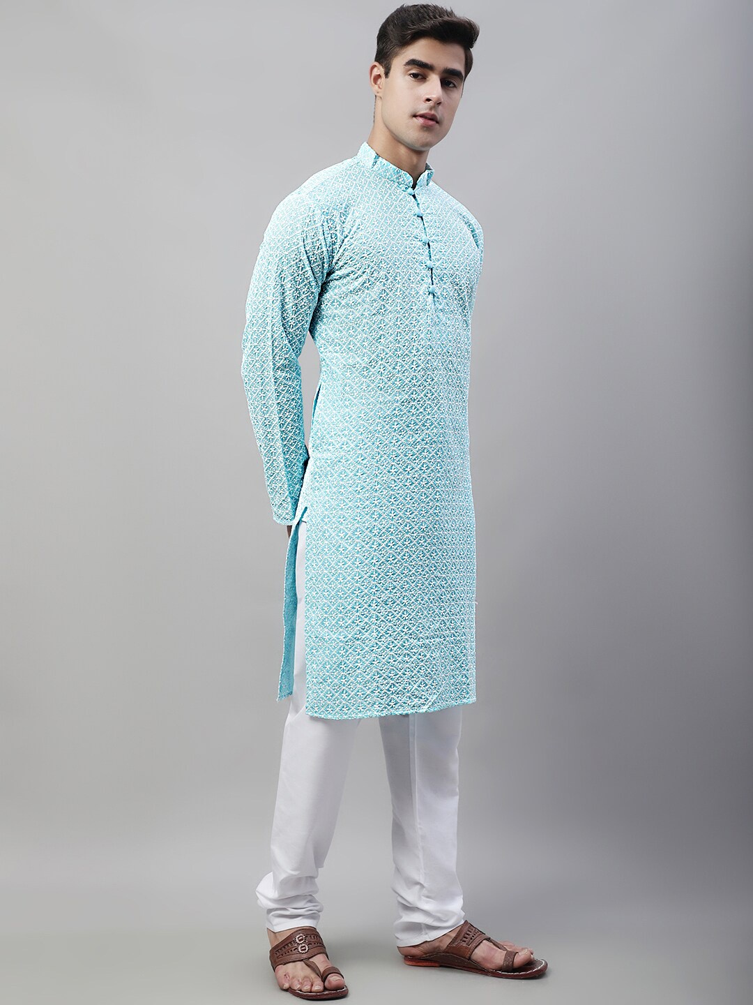 

Jompers Floral Embroidered Chikankari Pure Cotton Kurta with Churidar, Turquoise blue