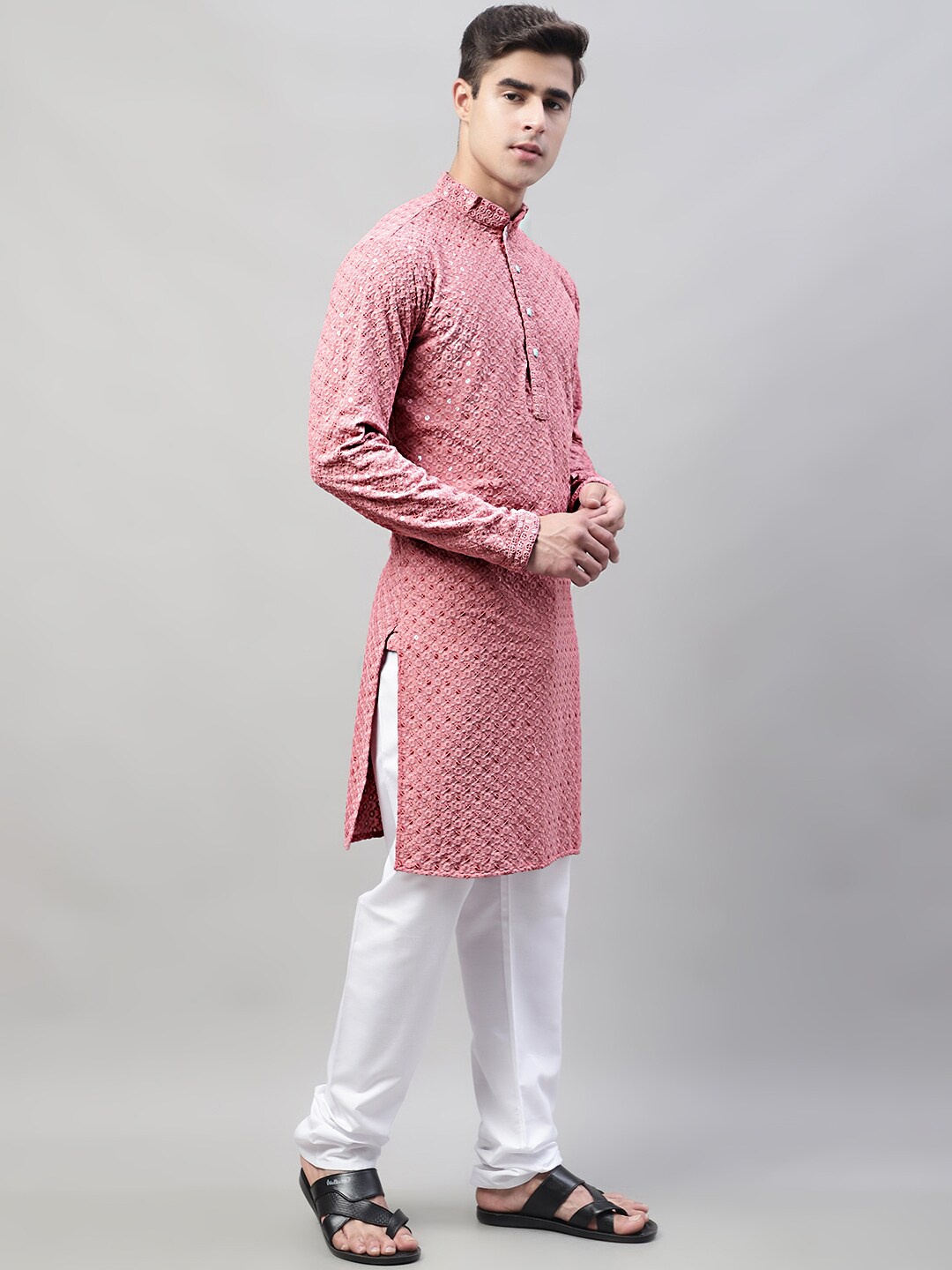 

Jompers Ethnic Motifs Embroidered Sequinned Pure Cotton Kurta with Churidar, Coral