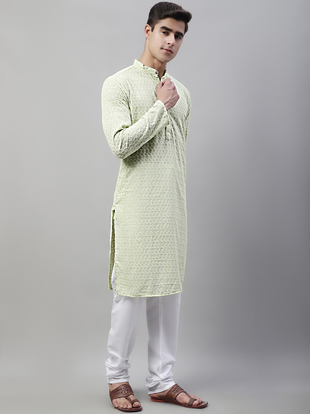 

Jompers Ethnic Motifs Embroidered Pure Cotton Kurta with Churidar, Lime green