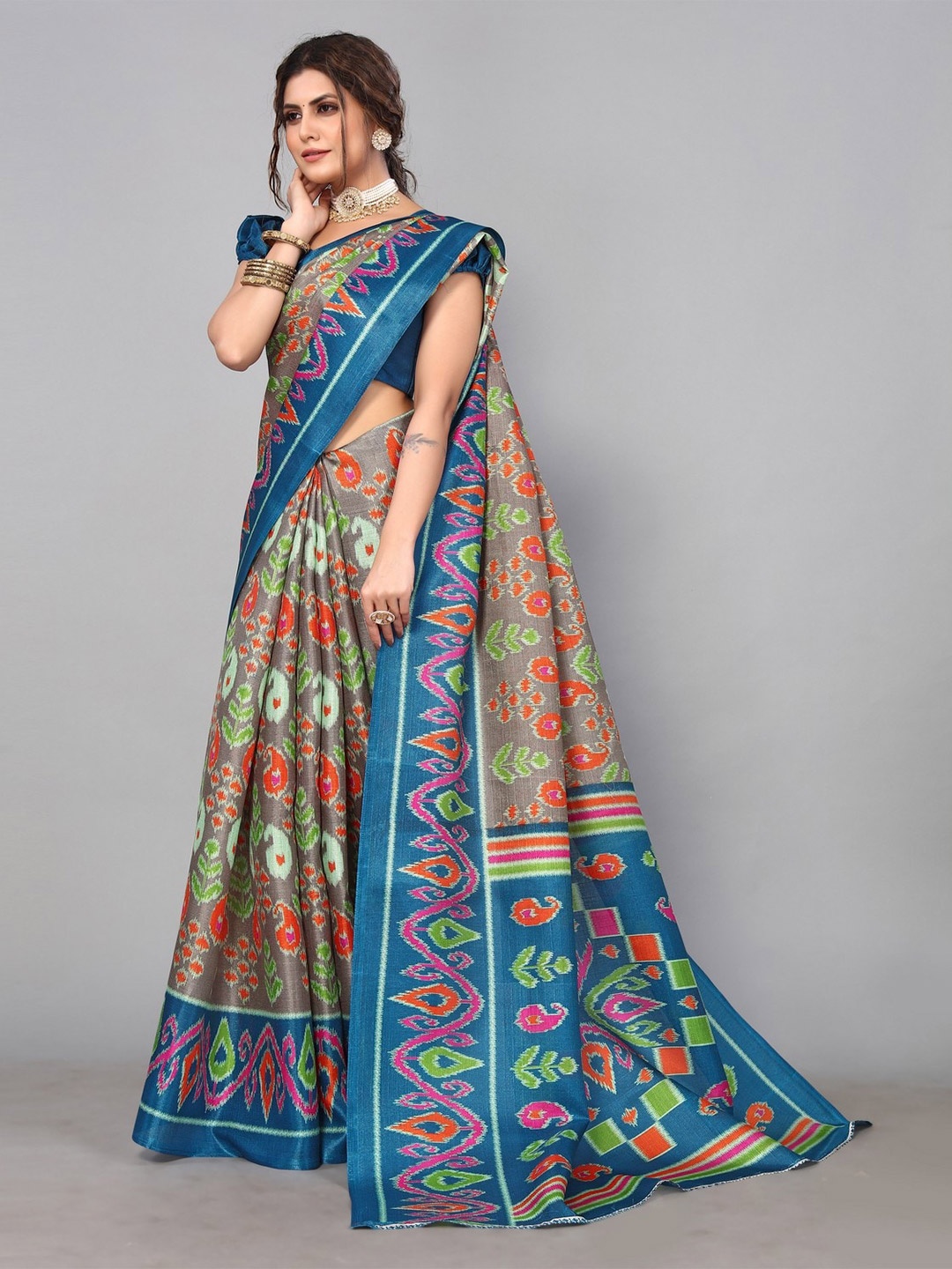 

KALINI Paisley Printed Mysore Silk Saree, Teal