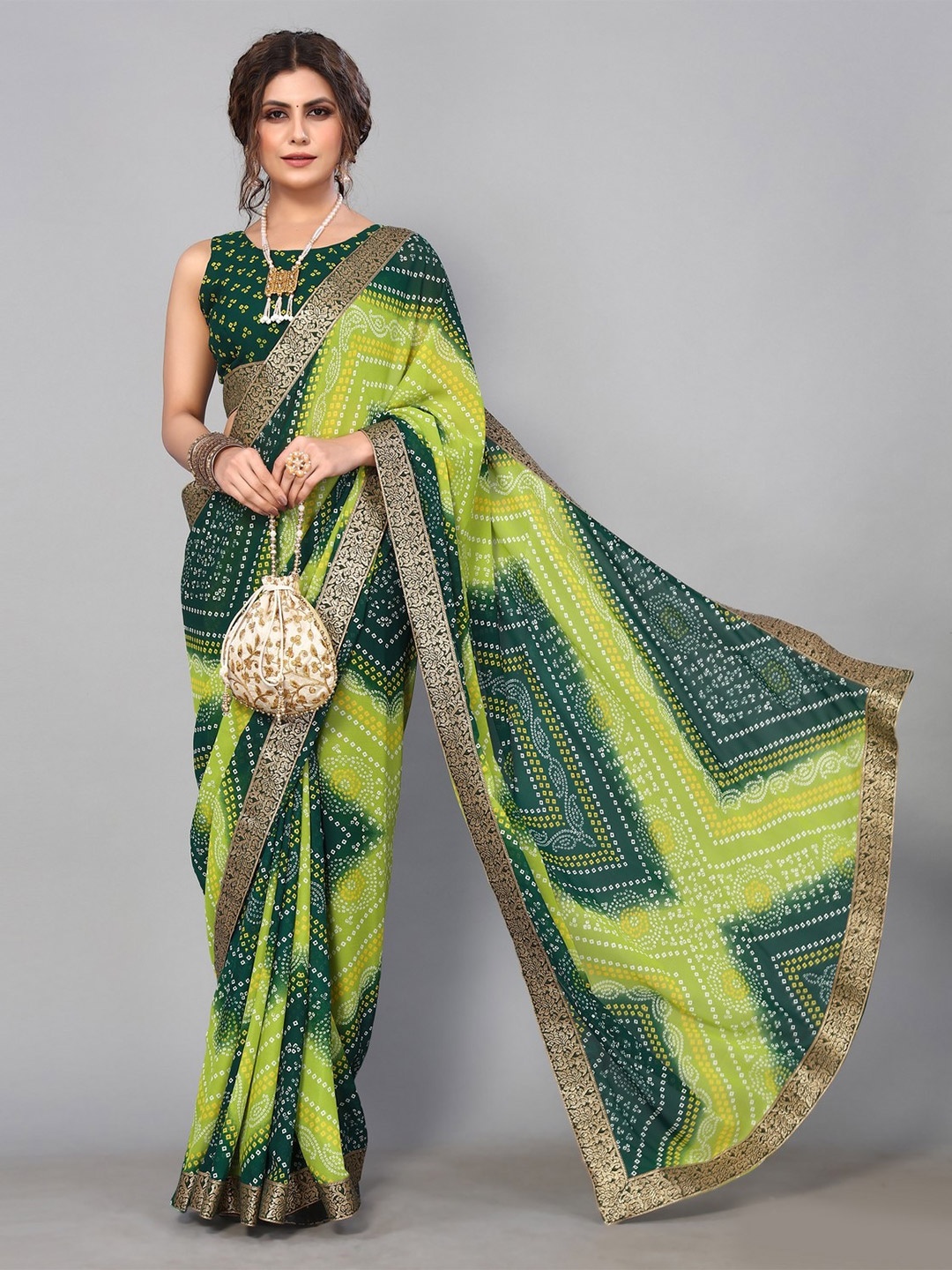 

KALINI Bandhani Printed Saree, Green