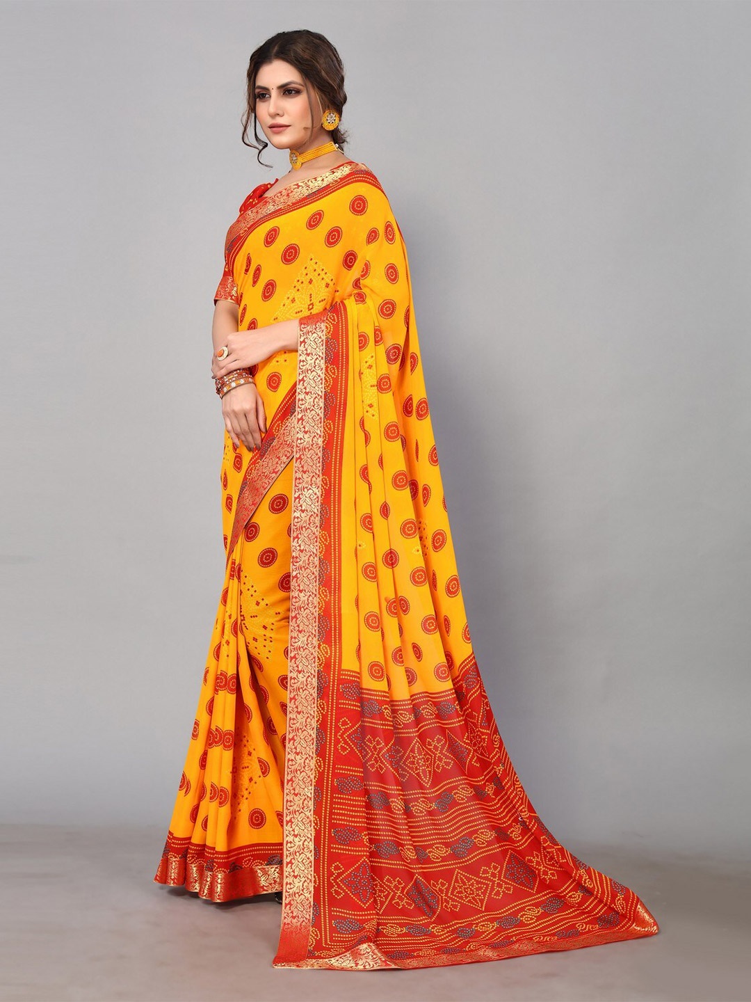 

KALINI Printed Bandhani Saree, Yellow